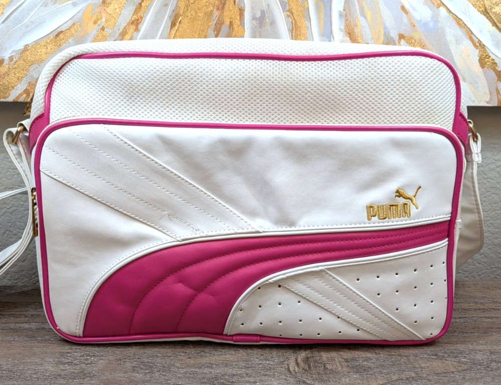 Vintage Puma Y2K Messenger Bag White Pink Gold Crossbody Laptop Bag Retro Sport